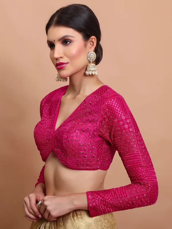 Pink georgette embroidered ready made blouse