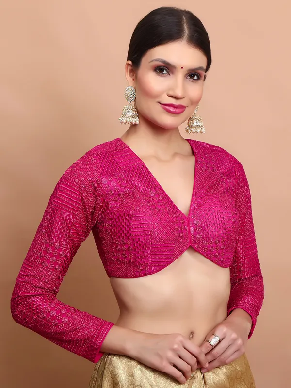 Pink georgette embroidered ready made blouse