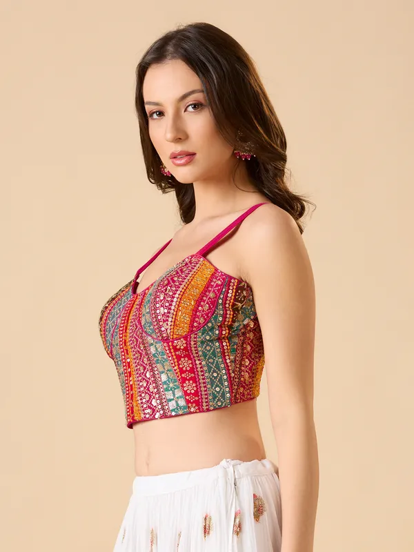 Pink georgette embroidered sleeveless ready made blouse