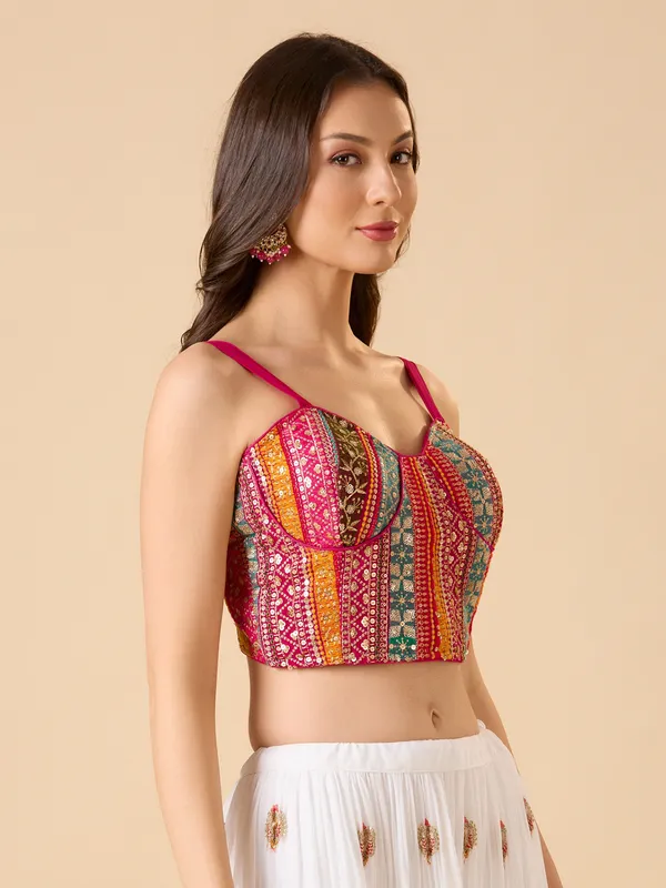Pink georgette embroidered sleeveless ready made blouse