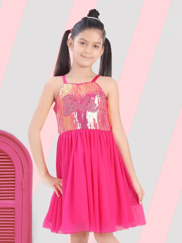 Pink georgette frock with sequins and square neck