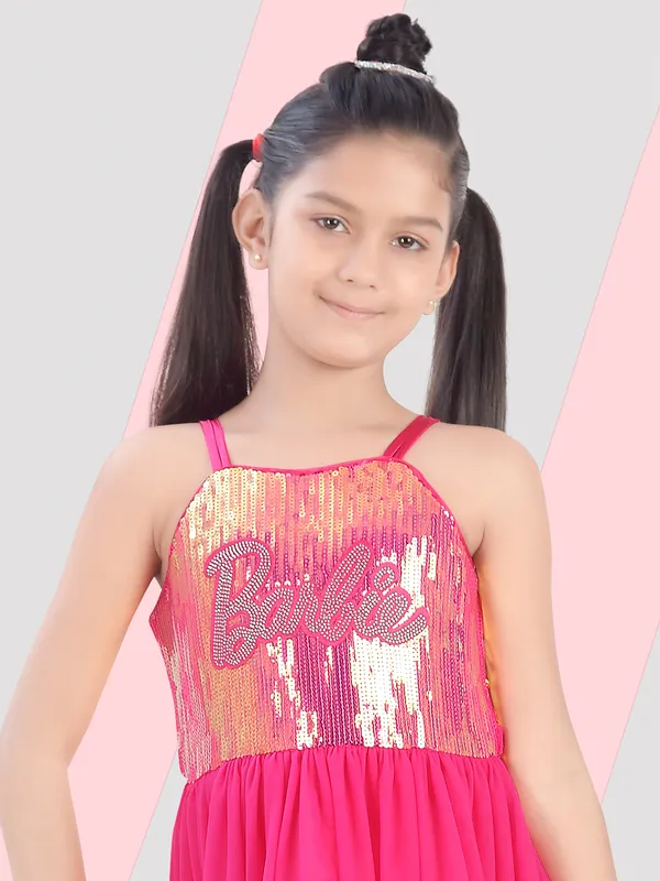 Pink georgette frock with sequins and square neck