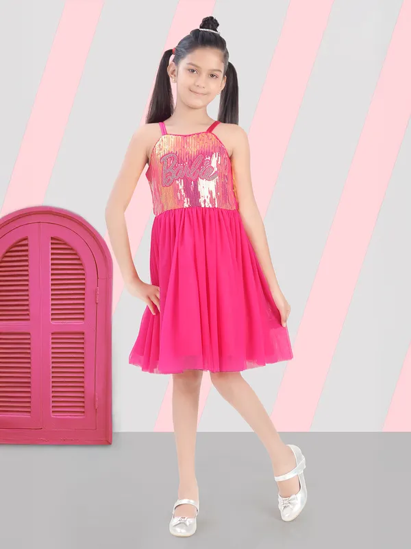 Pink georgette frock with sequins and square neck