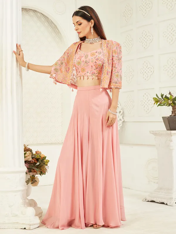 Pink georgette jacket palazzo suit with mirror work