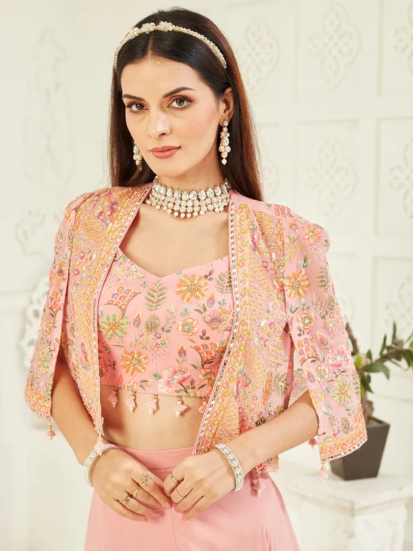 Pink georgette jacket palazzo suit with mirror work