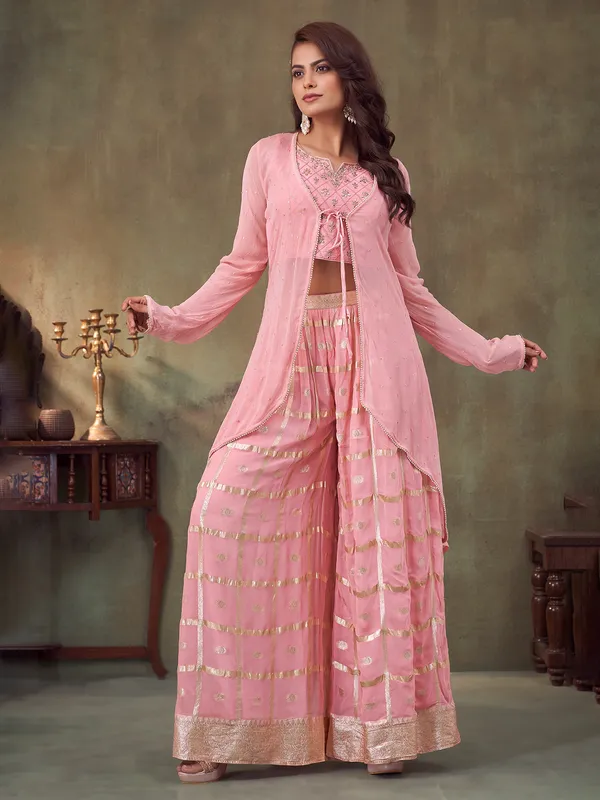 Pink georgette jacket style festive palazzo suit