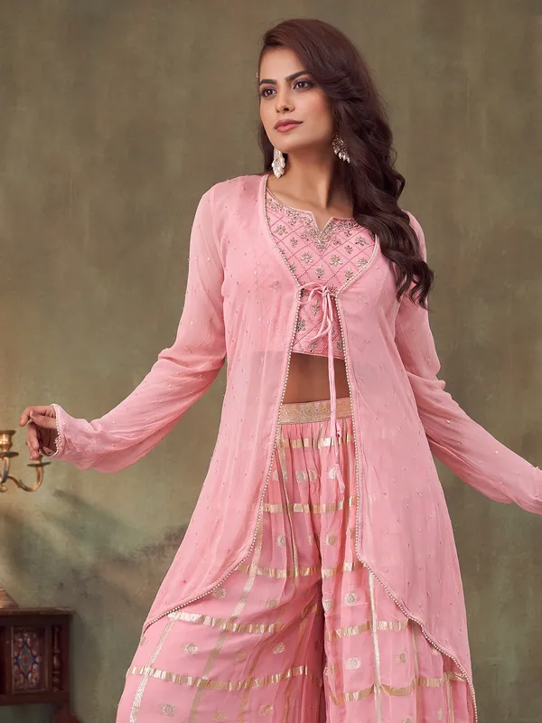 Pink georgette jacket style festive palazzo suit