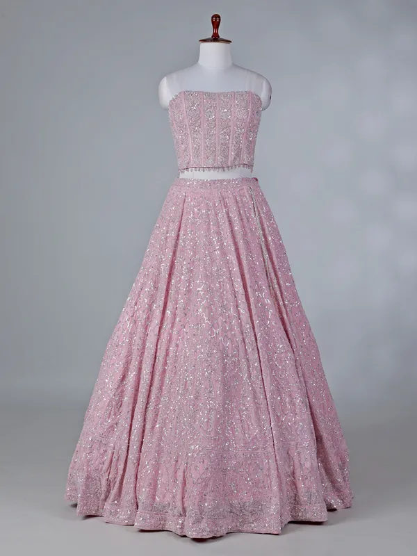 Pink georgette lehenga choli with bead work