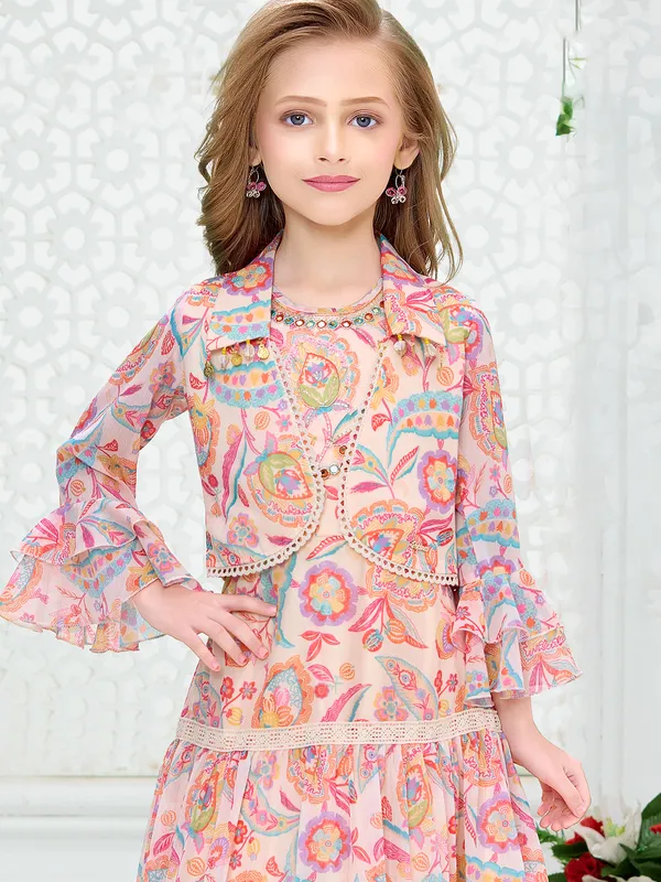 Pink georgette long dress with embellished jacket