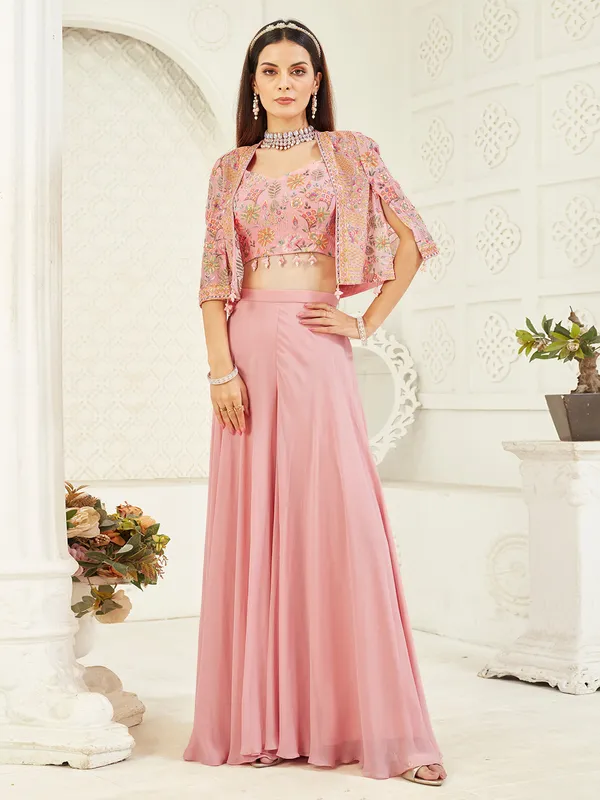 Pink georgette palazzo suit with mirror work