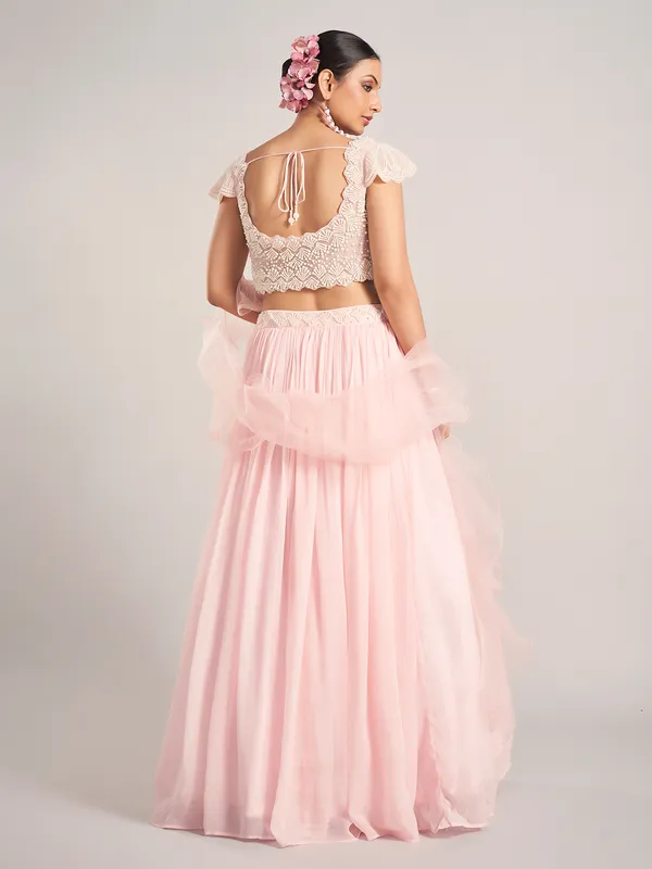 Pink georgette ruffle dupatta lehenga choli