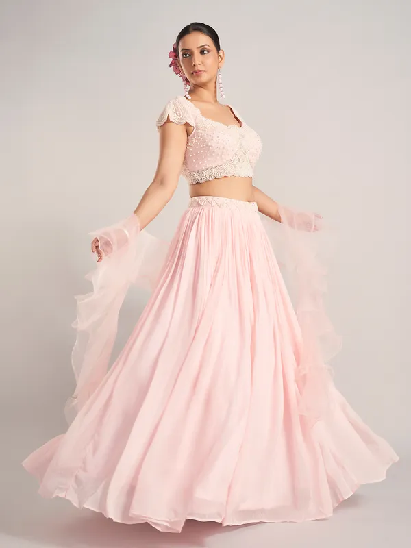 Pink georgette ruffle dupatta lehenga choli