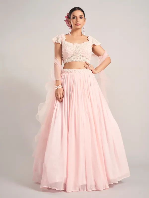 Pink georgette ruffle dupatta lehenga choli