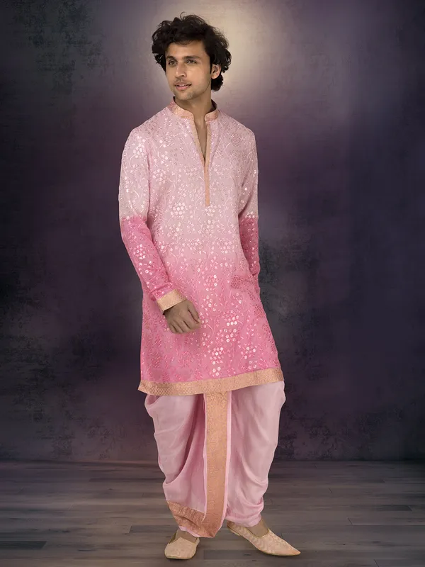 Pink georgette shaded embroidered dhoti kurta suit