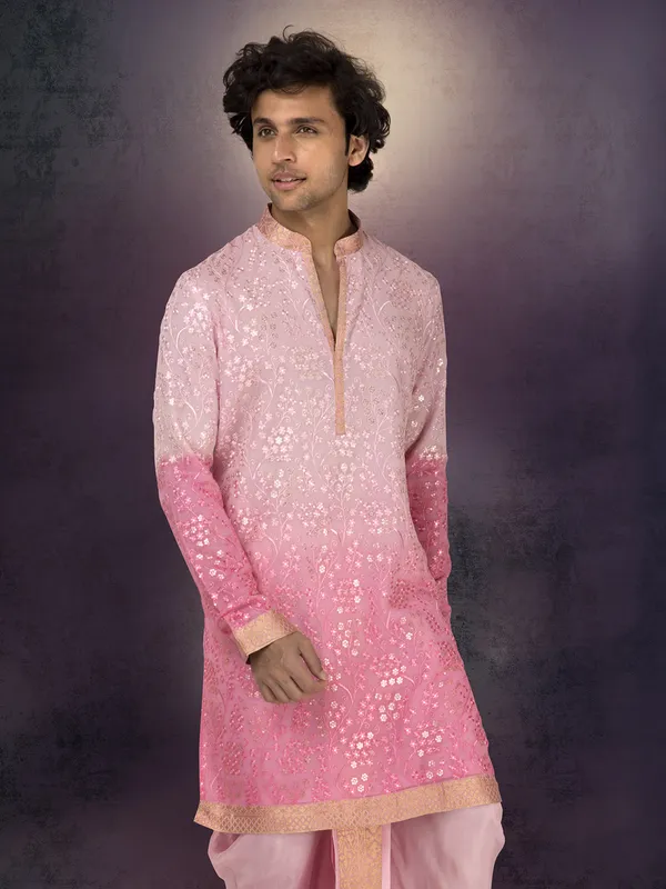Pink georgette shaded embroidered dhoti kurta suit