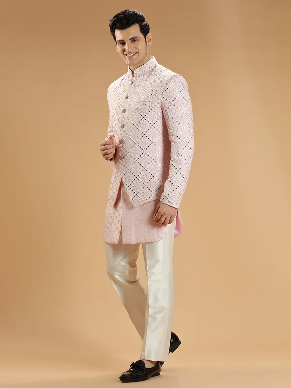 Pink georgette wedding look men indowestern