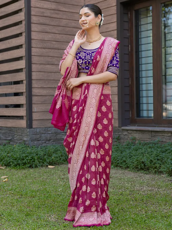 Pink banarasi georgette cruss wedding wear saree