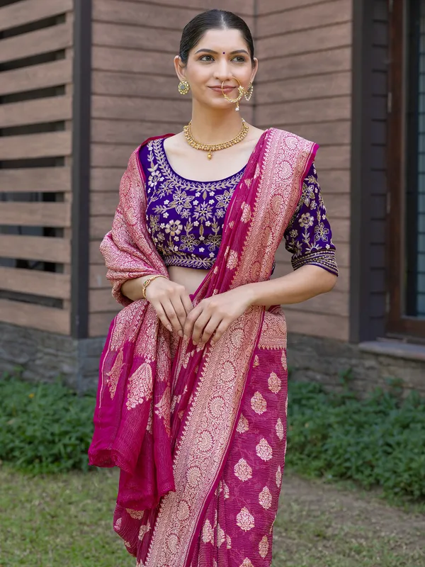 Pink banarasi georgette cruss wedding wear saree