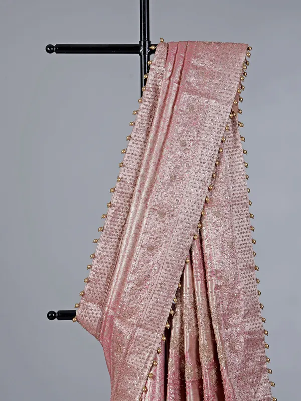 Pink kanjivaram silk saree with exquisite zardosi work