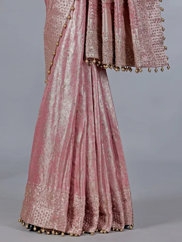 Pink kanjivaram silk saree with exquisite zardosi work