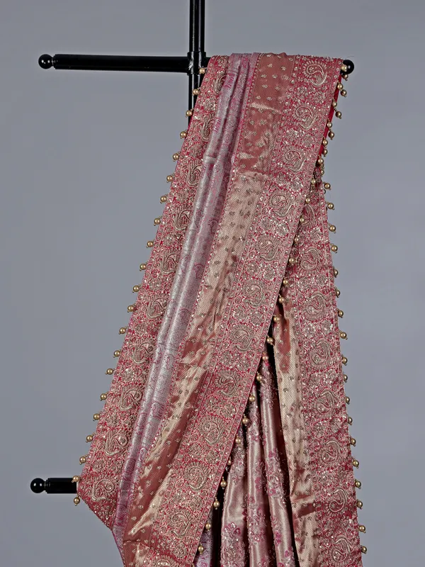 Pink kanjivaram silk saree with intricate zardosi touch