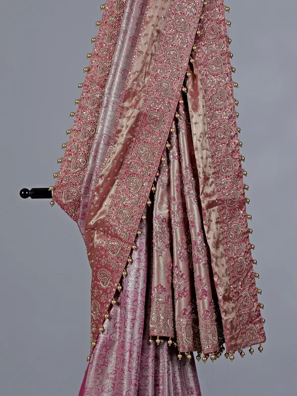 Pink kanjivaram silk saree with intricate zardosi touch