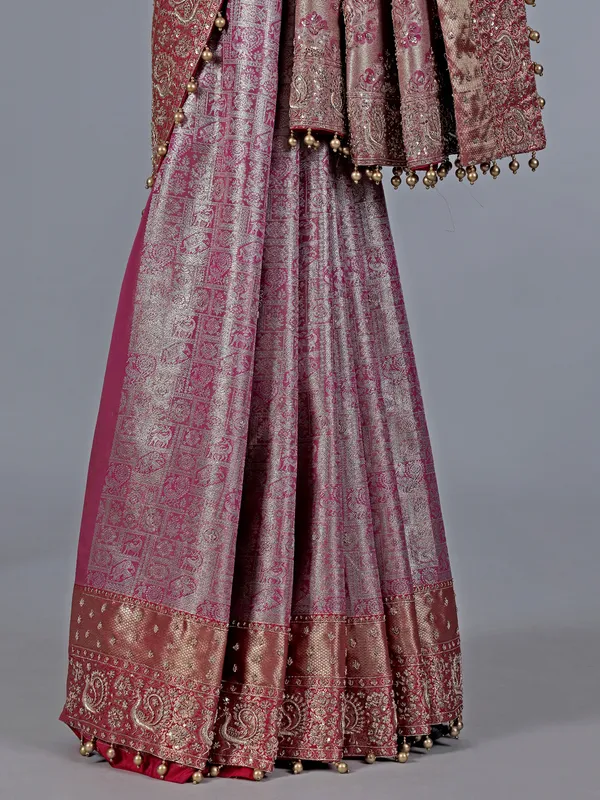 Pink kanjivaram silk saree with intricate zardosi touch