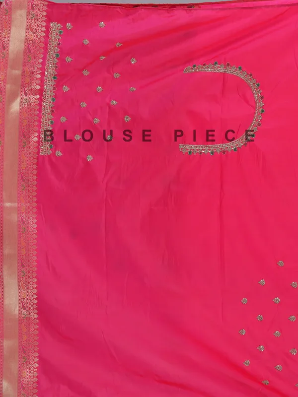 Pink kanjivaram silk saree with pearl and zardosi charm