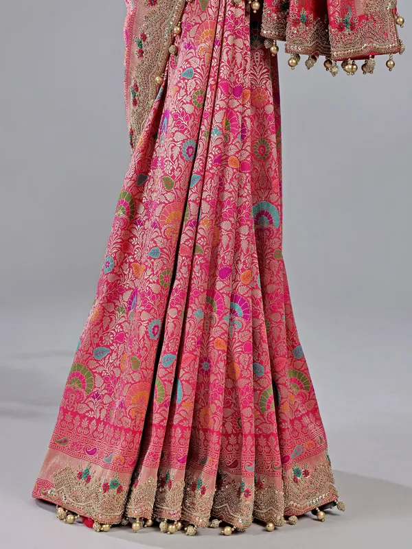 Pink kanjivaram silk saree with pearl and zardosi charm