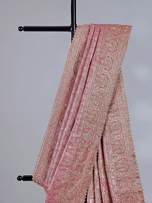 Pink kanjivaram silk saree with unstitched blouse