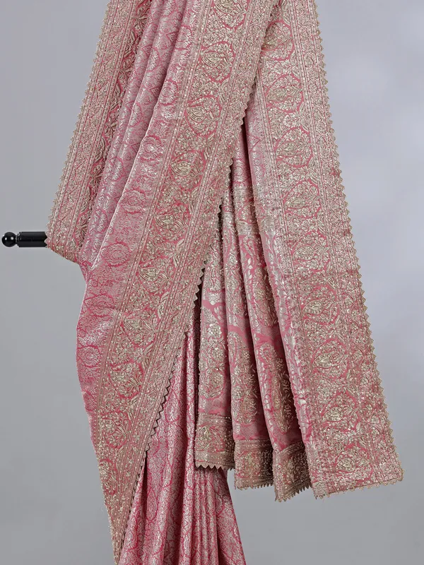 Pink kanjivaram silk saree with unstitched blouse
