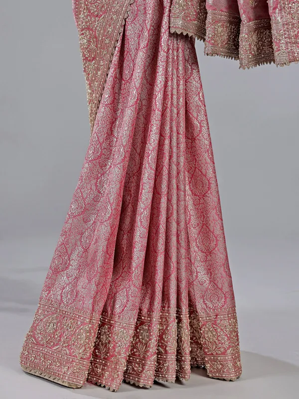 Pink kanjivaram silk saree with unstitched blouse