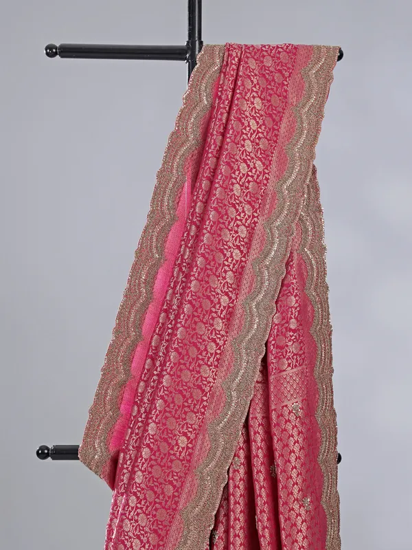 Pink kanjivaram silk saree with zardosi and sequins work