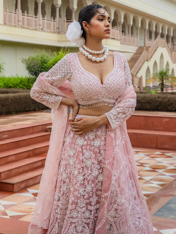 Pink lehenga choli for wedding in soft net