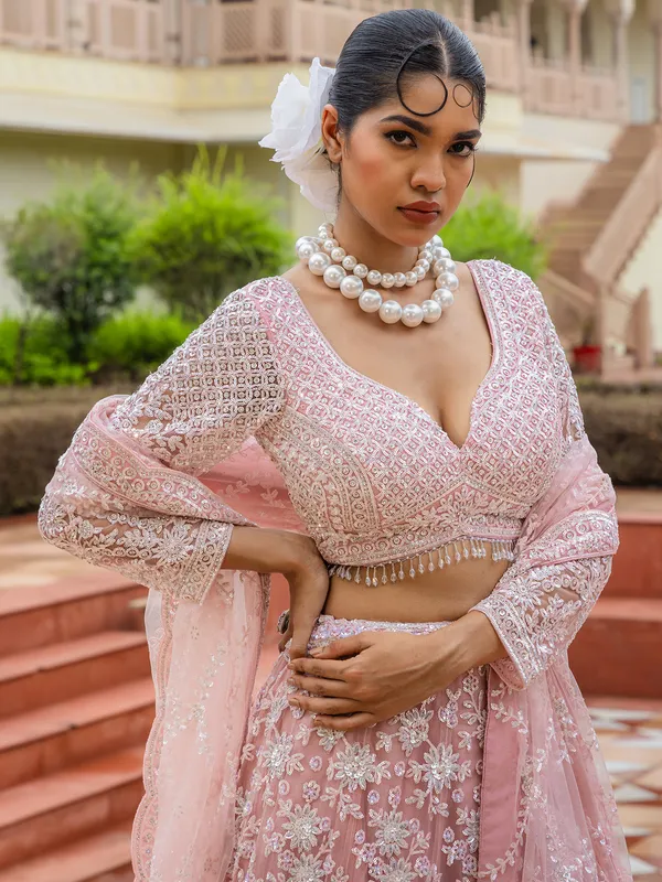 Pink lehenga choli for wedding in soft net