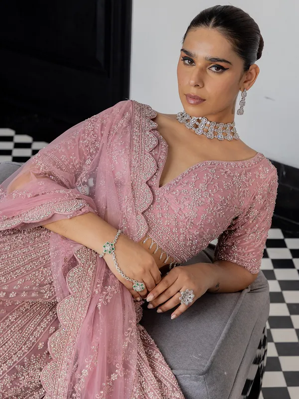 Pink lehenga choli in soft net
