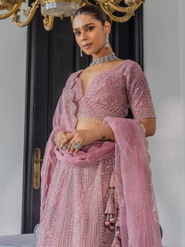 Pink lehenga choli in soft net