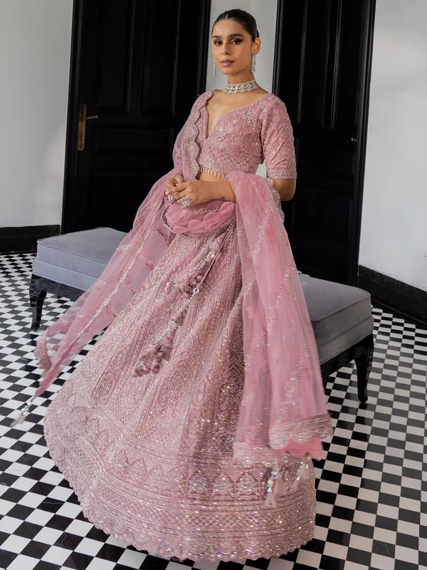 Pink lehenga choli in soft net