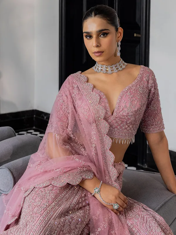 Pink lehenga choli in soft net