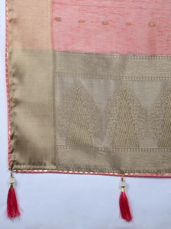 Pink linen blend saree with zari woven detailing