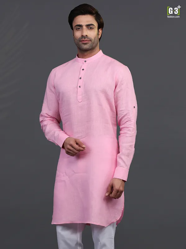 Pink linen mens kurta for festive days