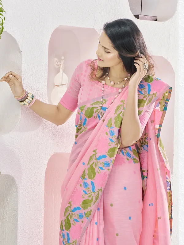 Pink linen saree for festival for women
