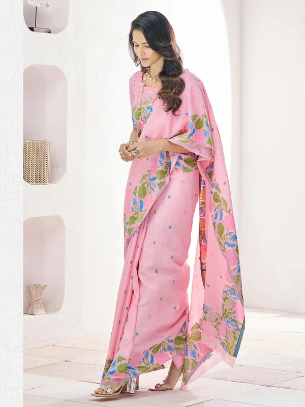 Pink linen saree for festival for women