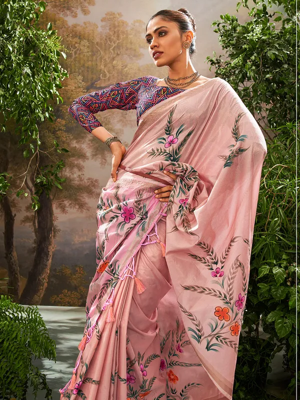 Pink linen tissue festive wear saree