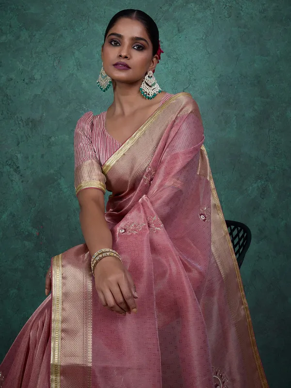 Pink linen tissue silk saree for women