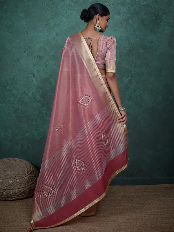 Pink linen tissue silk saree for women