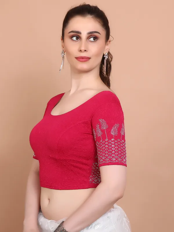 Pink lycra strechable ready made blouse with swarovksi