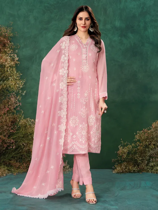 Pink mulmul pink salwar suit with thread work