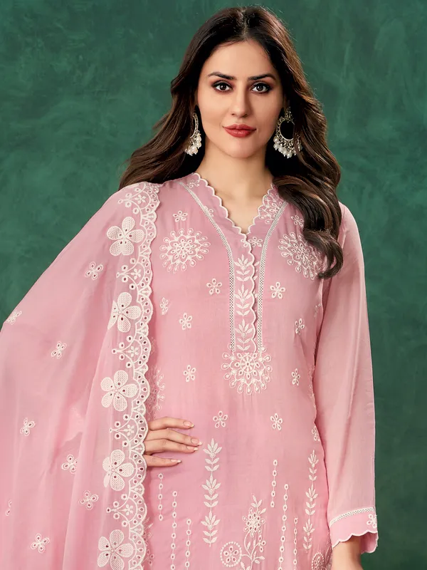 Pink mulmul pink salwar suit with thread work