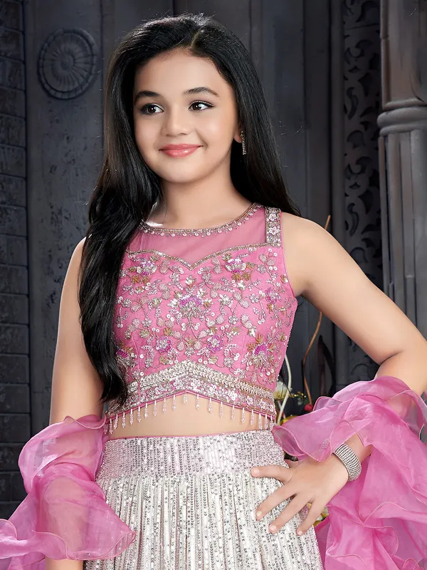 Pink net lehenga choli with ruffled dupatta